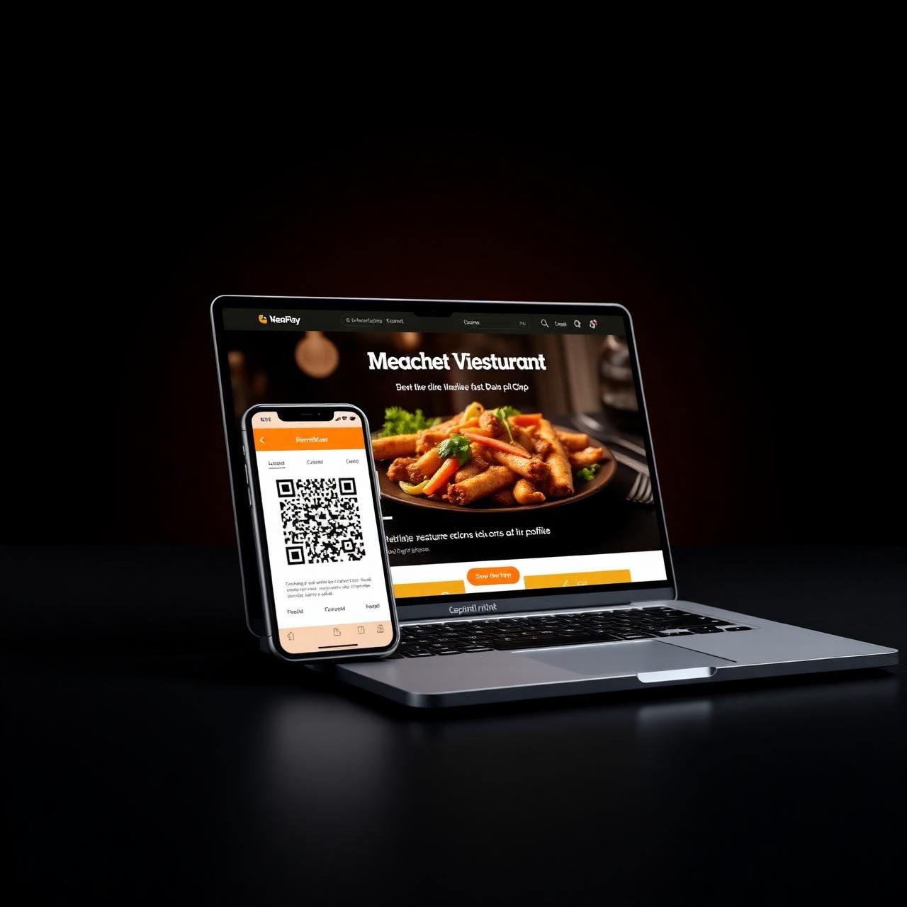 Restaurant website mockup and QR digital menu on mobile